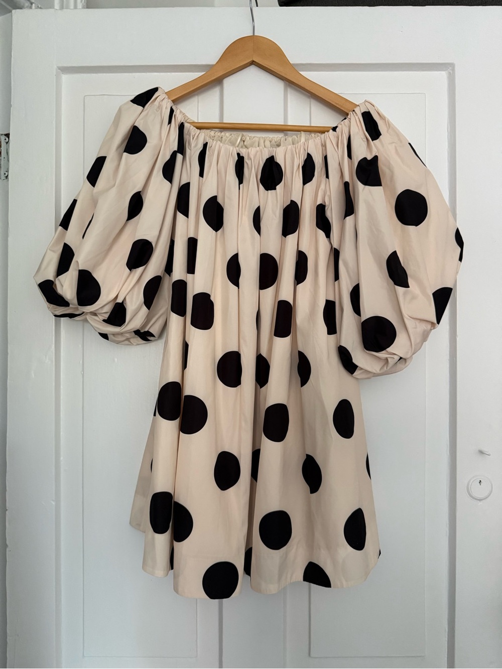 Polka Dot Off-Shoulder Puff Sleeve mini dress- Cream/Black